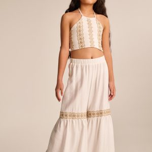 Σετ τοπ με χρυσό κέντημα και παντελόνα με σούρες Melin Rose